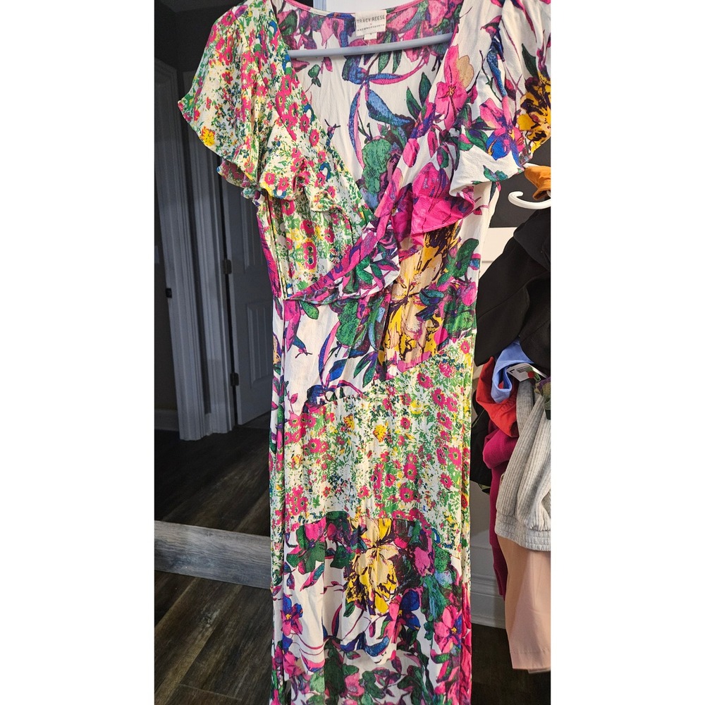 Boho Tracy Reese Anthropologie Mixed Floral Cottagecore High-Low Ruffle Dress S